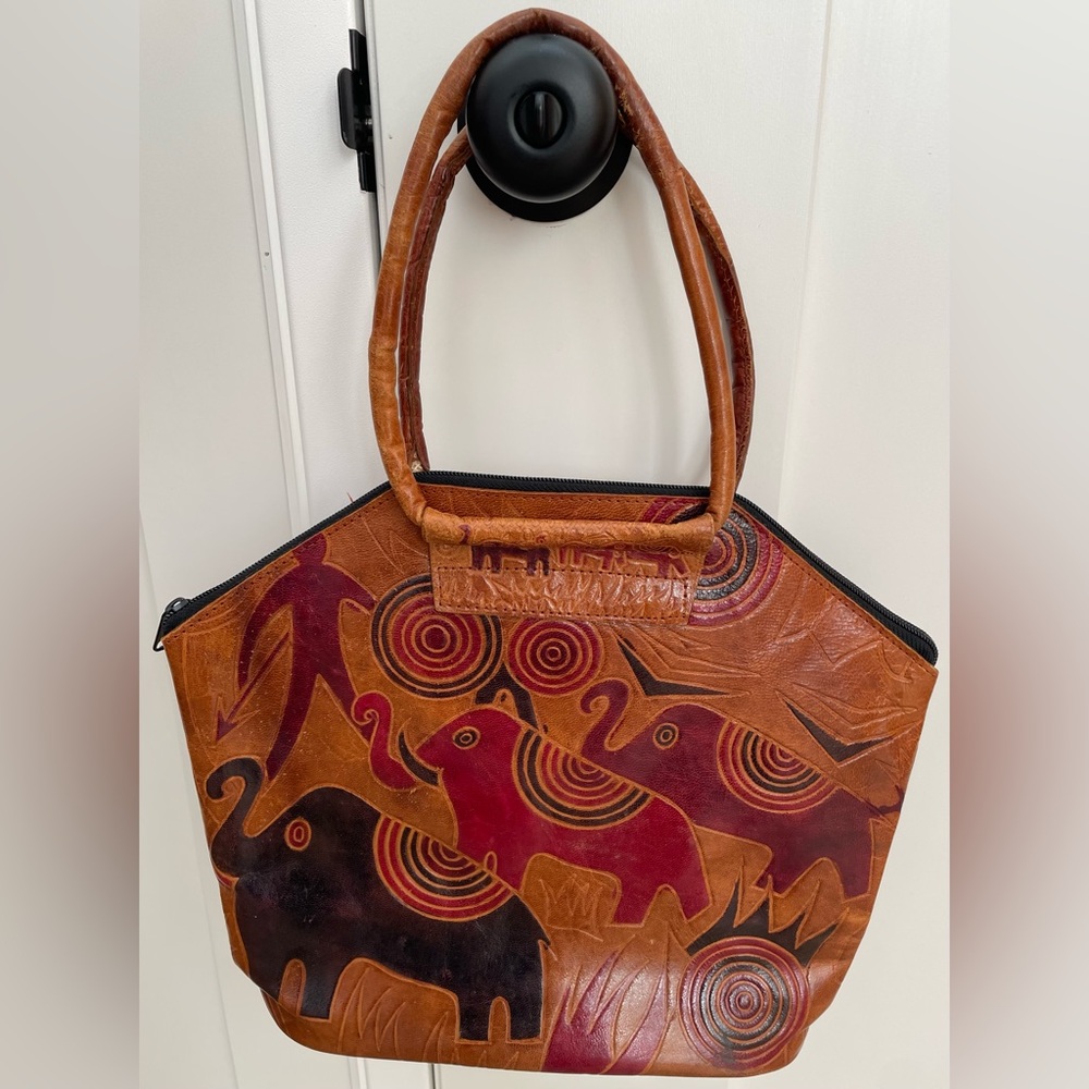 Vintage Elephant Hand Tooled Leather Handbag Purse India 80’s 90’s brown bag